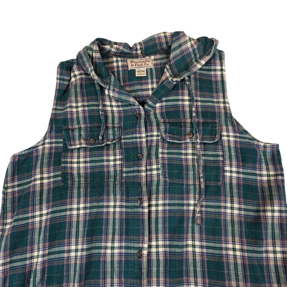 VINTAGE ABERCROMBIE & FITCH Sleeveless Plaid Hooded Flannel Shirt | L | Grunge - Picture 3 of 14